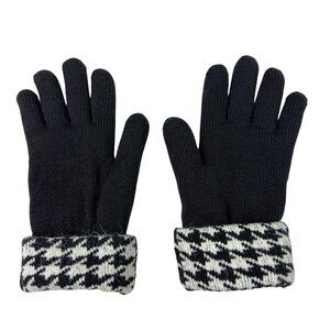 Women’s Black Knit Gloves with Houndstooth Cuffs – Fleece Lined